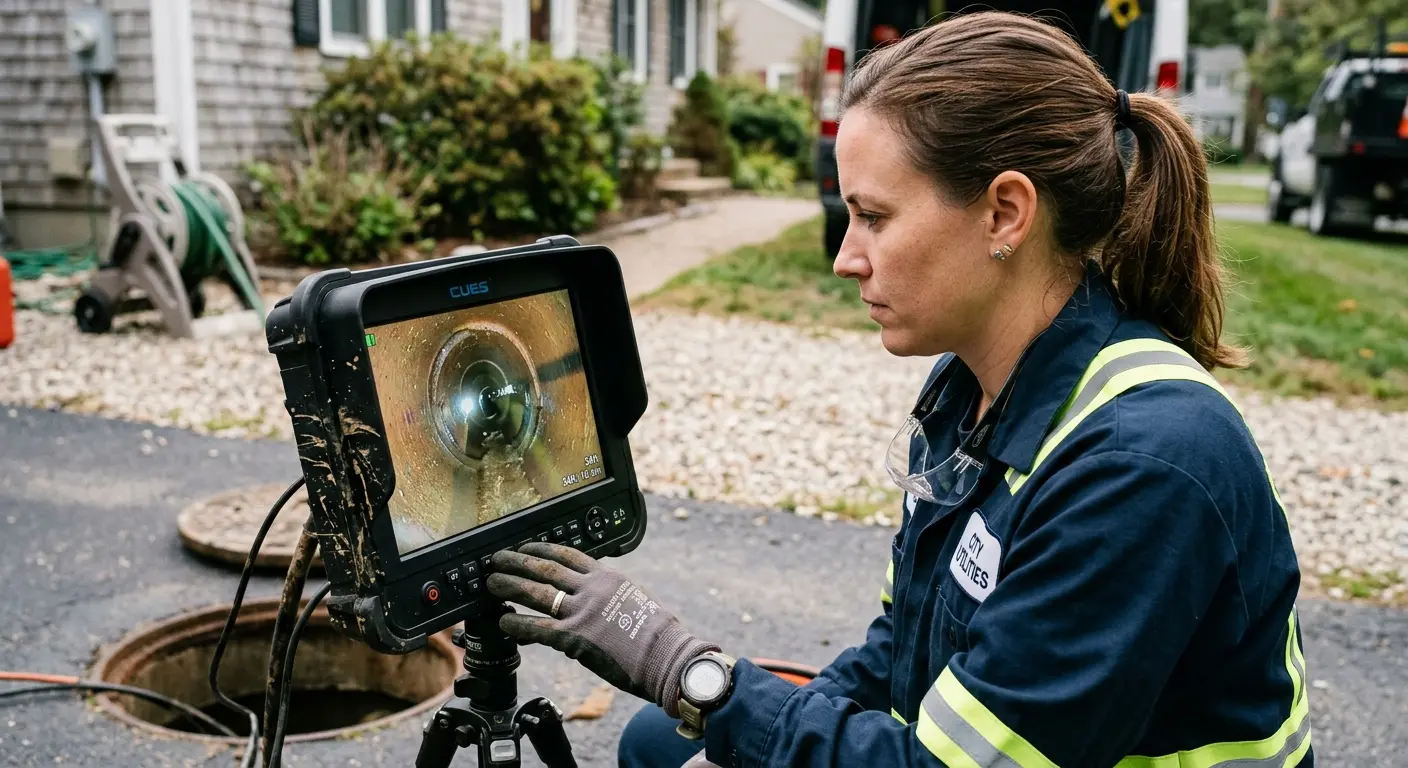 Technician reviewing sewer camera inspection footage in Ville Platte