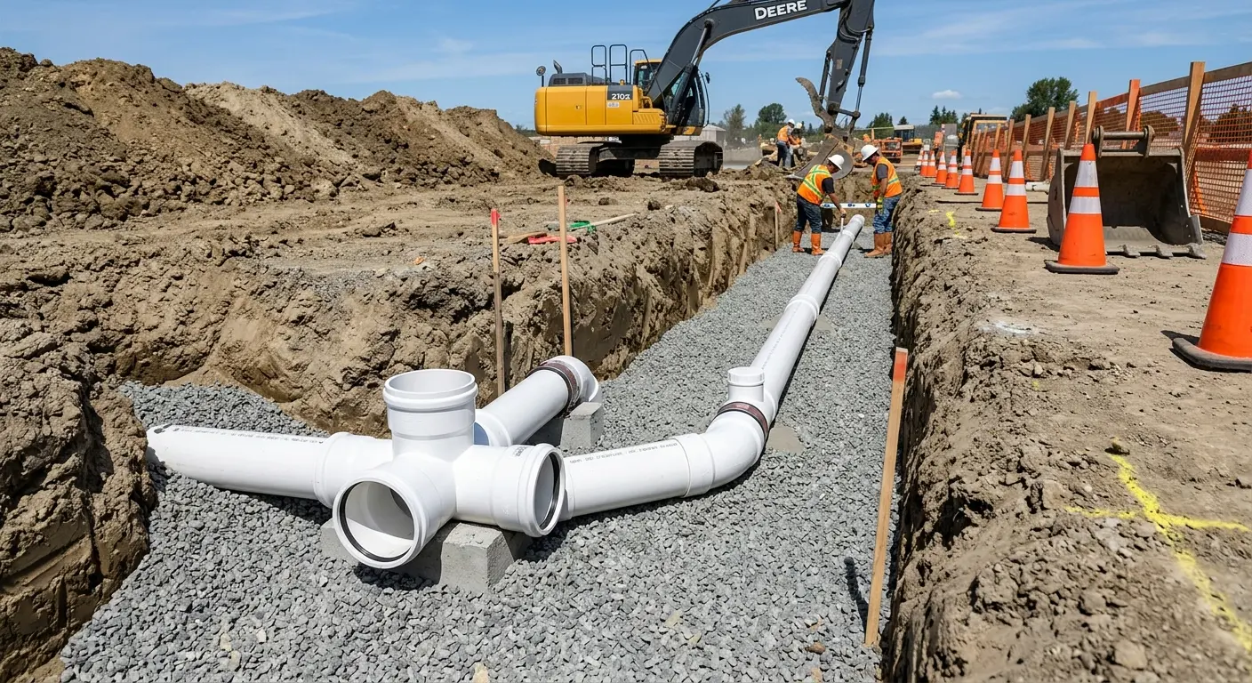 New PVC sewer pipe installation in open trench for Commercial Drain Cleaning in Ville Platte
